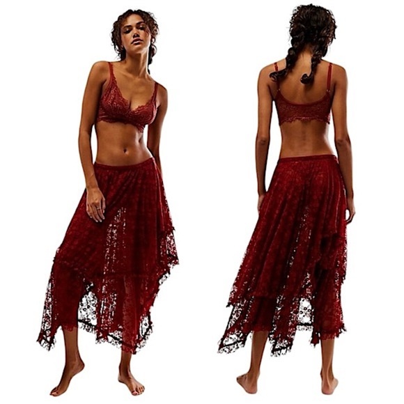 Free People French Courtship Half Slip Maroon Red Lace Skirt Med NWT - Picture 1 of 15